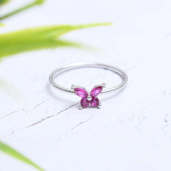 Silver Ruby Red Butterfly Ring