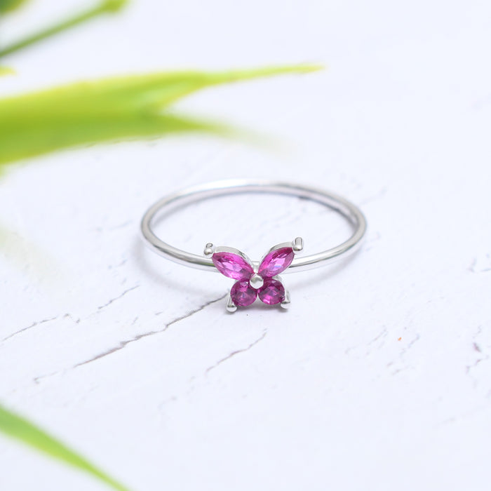 Silver Ruby Red Butterfly Ring