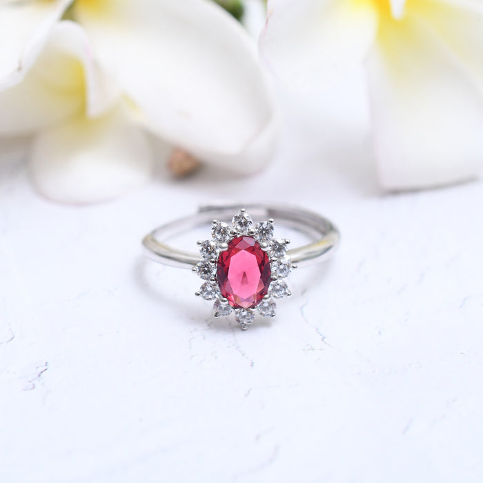 Silver Sparkling Ruby Red Flower Ring