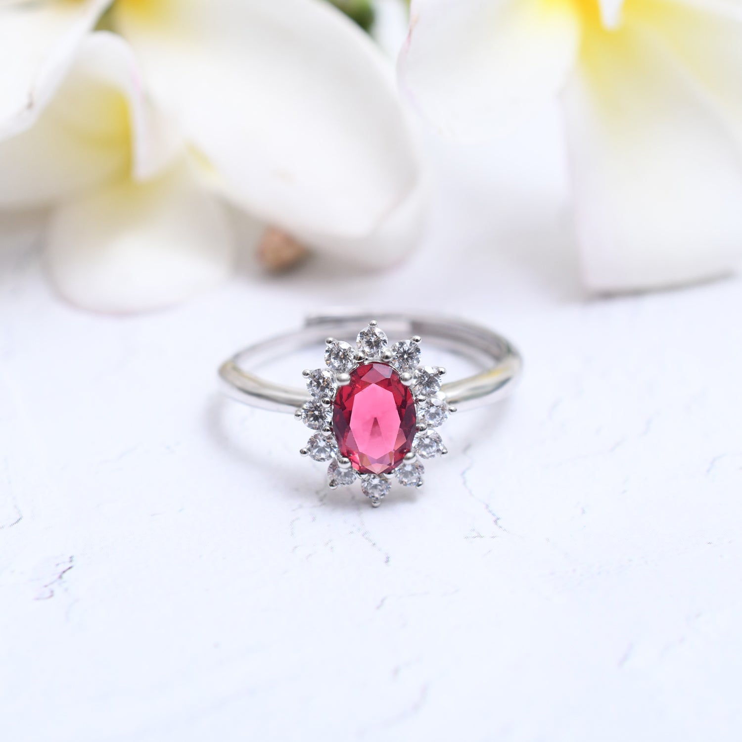 Silver Sparkling Ruby Red Flower Ring