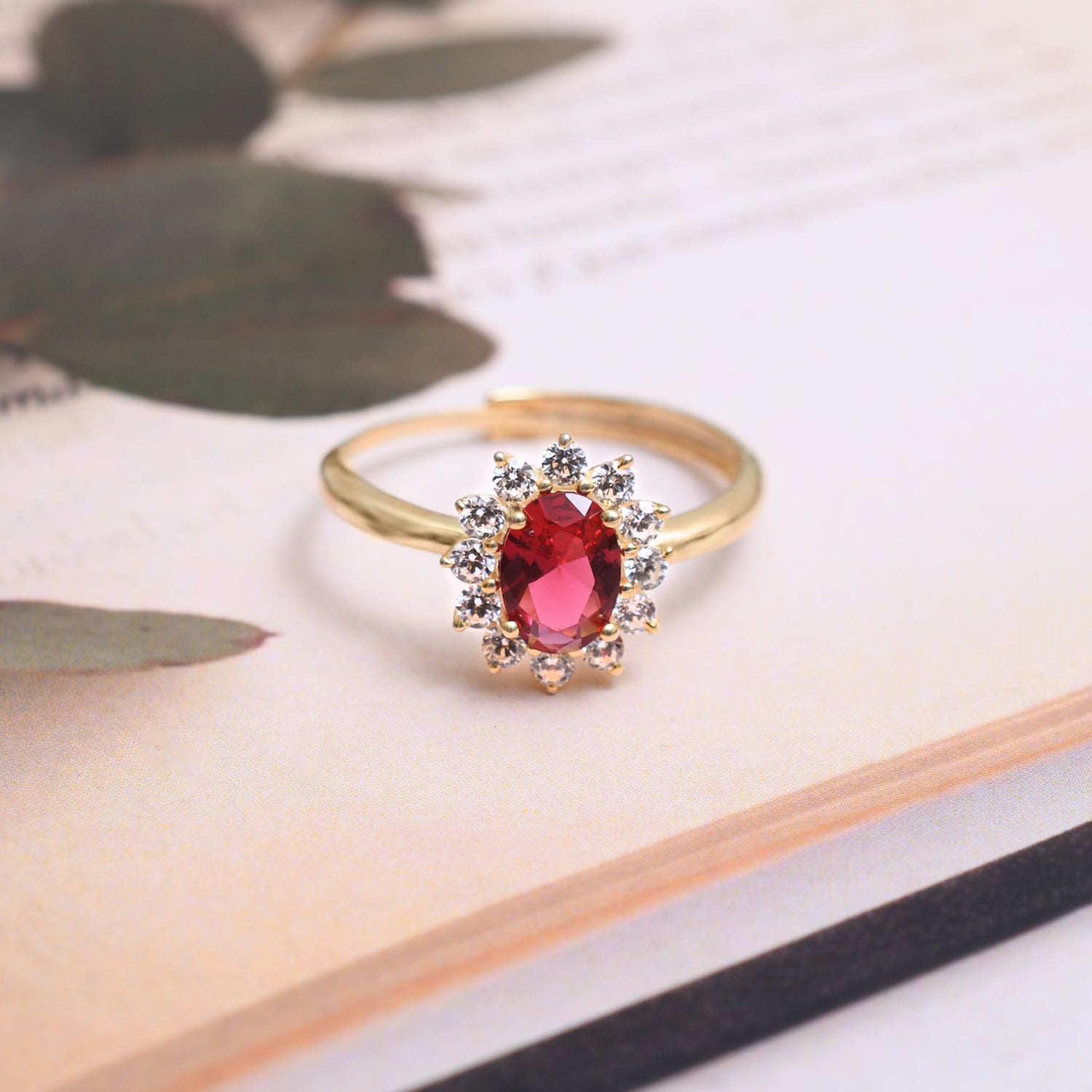 Silver Gold Sparkling Ruby Red Flower Ring