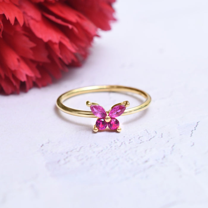 Silver Gold Ruby Red Butterfly Ring