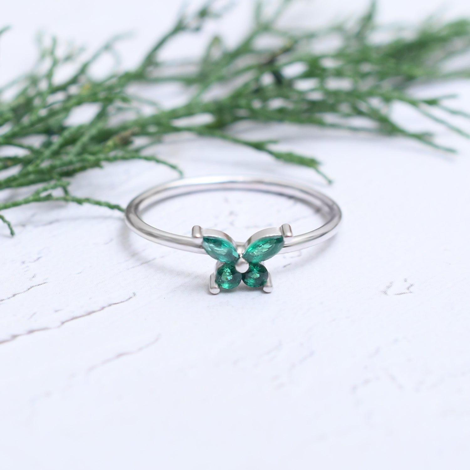 Silver Emerald Green Butterfly Ring
