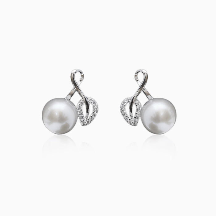 Silver Leaf Embrace Pearl Earrings