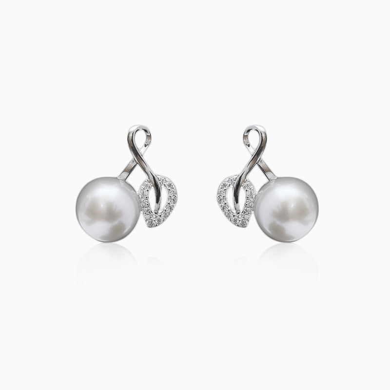 Silver Leaf Embrace Pearl Earrings