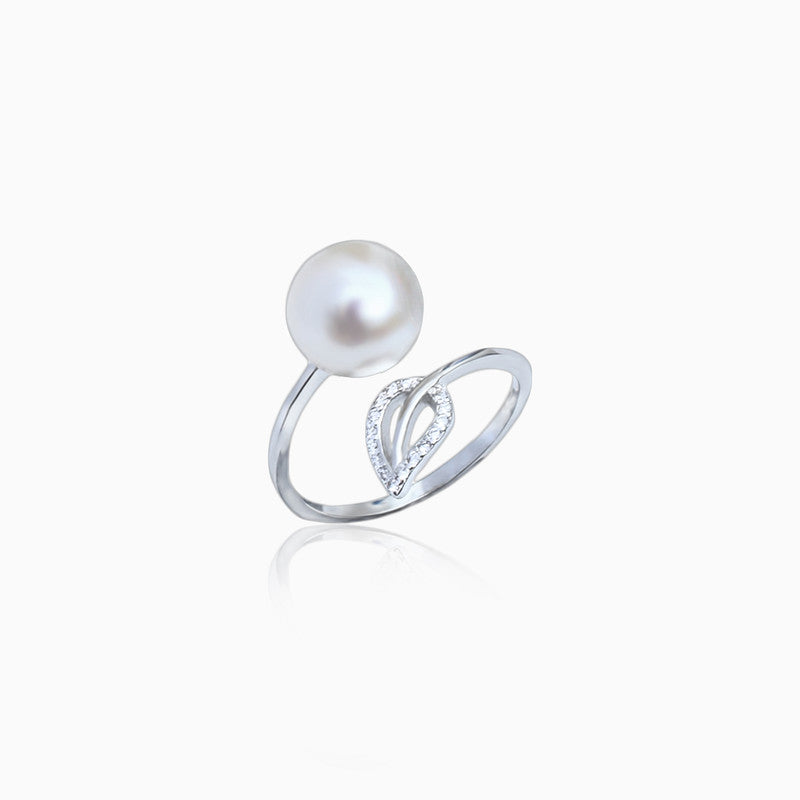 Silver Leaf Embrace Pearl Ring