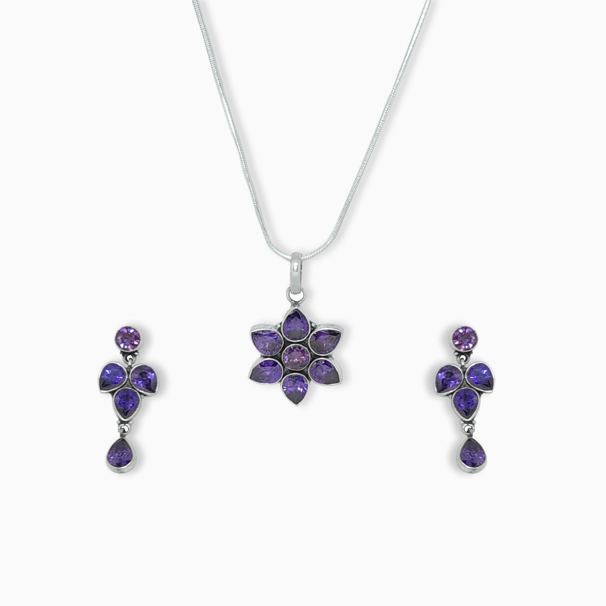 Silver Flower Amethyst Pendant Set with Link Chain
