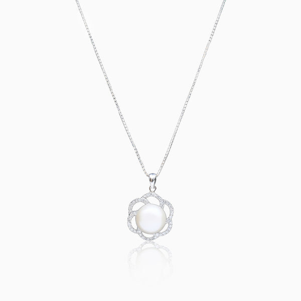 Silver Sparkling Floral Pearl Pendant