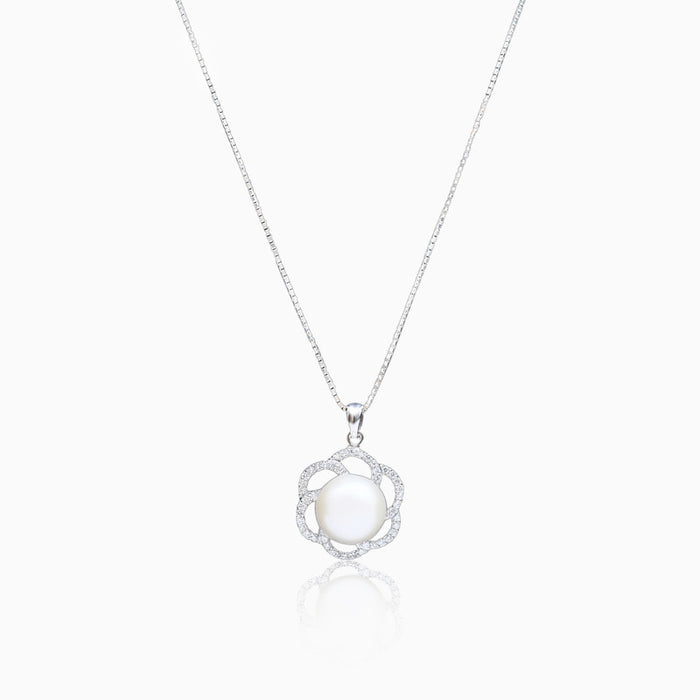 Silver Sparkling Floral Pearl Pendant
