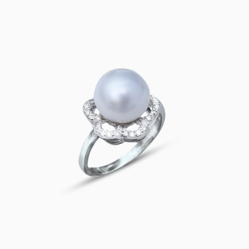 Silver Sparkling Floral Pearl Ring
