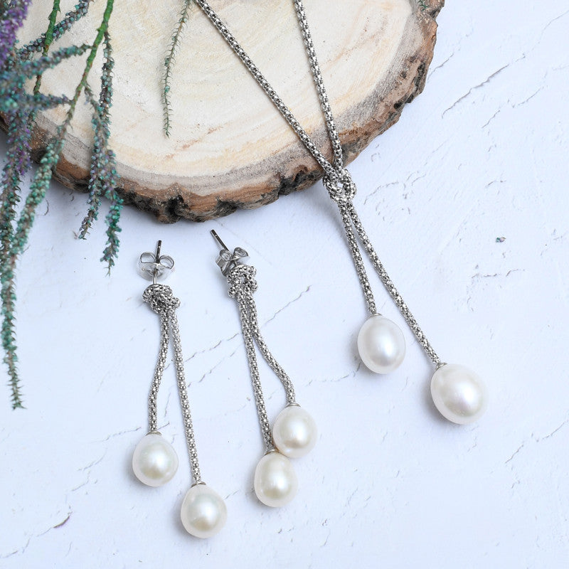 Silver Knotted Dangling Pearls Pendant Set