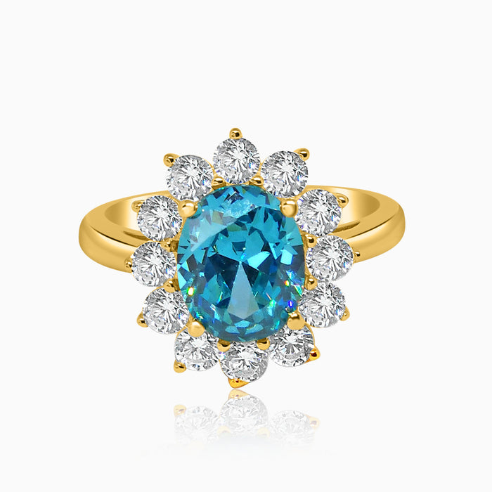 Silver Gold Sparkling Aquamarine Flower Ring