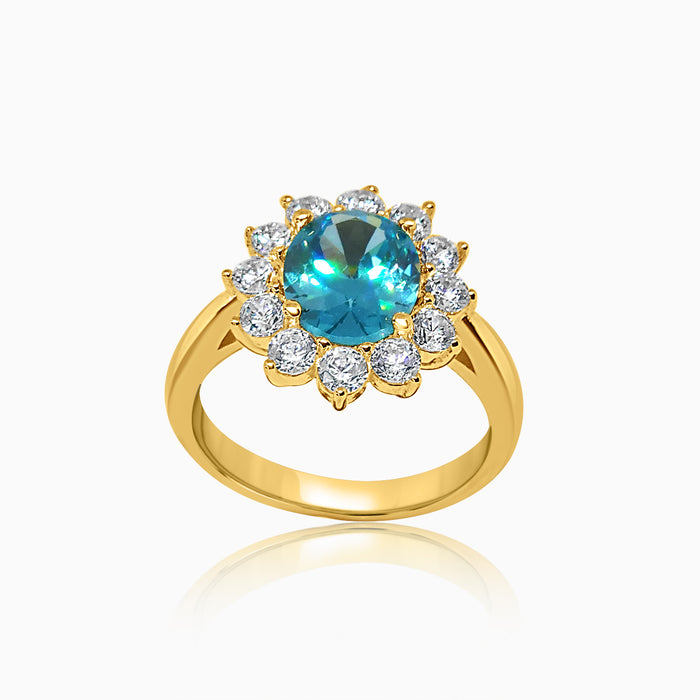 Silver Gold Sparkling Aquamarine Flower Ring