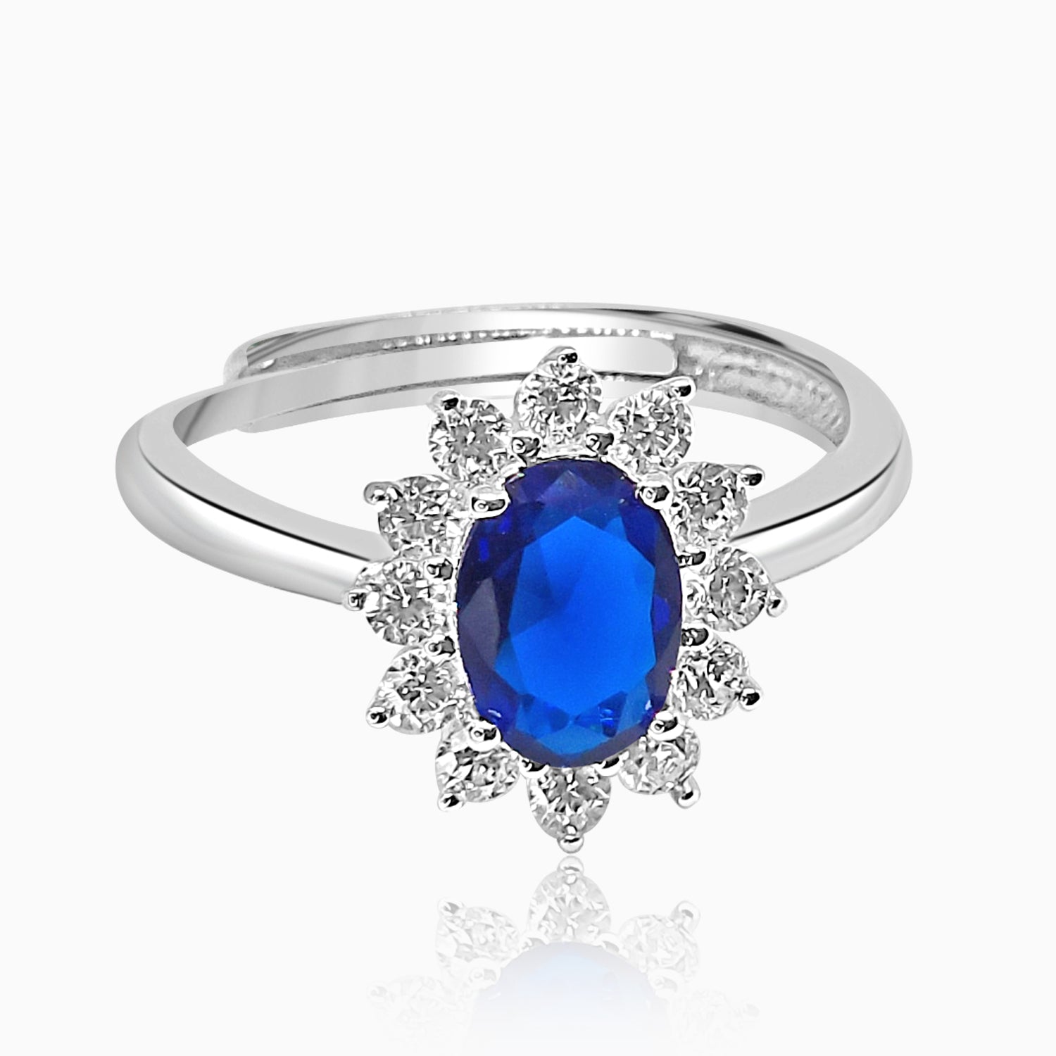 Silver Sparkling Sapphire Blue Flower Ring