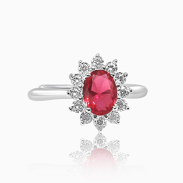 Silver Sparkling Ruby Red Flower Ring