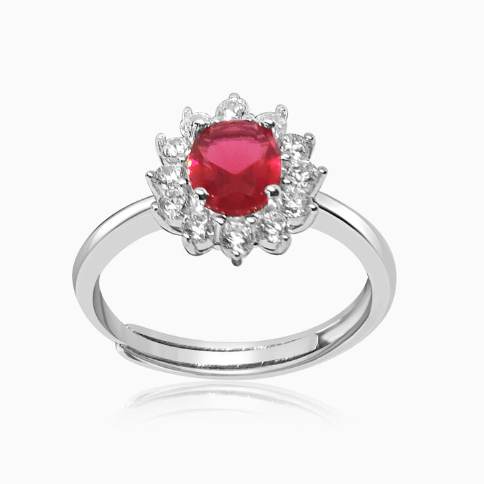 Silver Sparkling Ruby Red Flower Ring