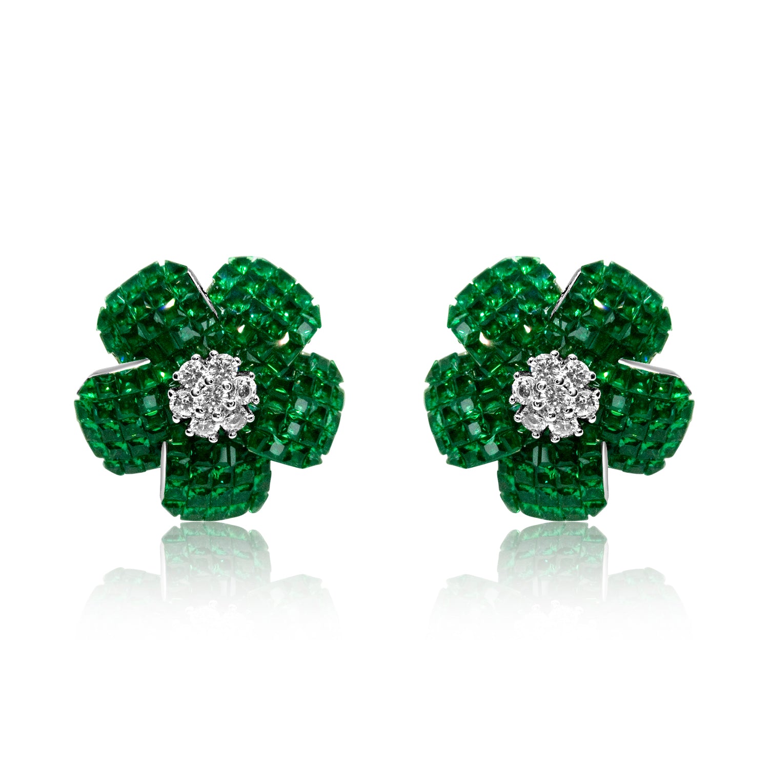 Silver Sparkling Emerald Green Flower Earrings