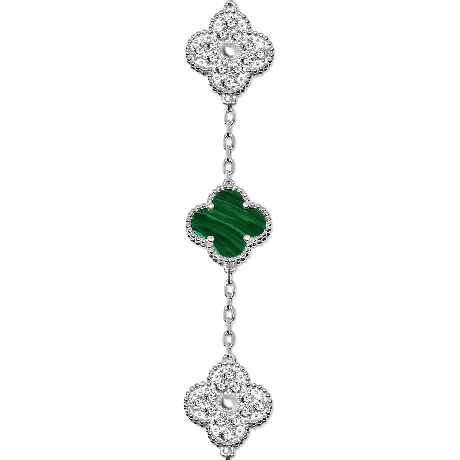 Silver Green Malachite and Sparkle Flower Bracelet