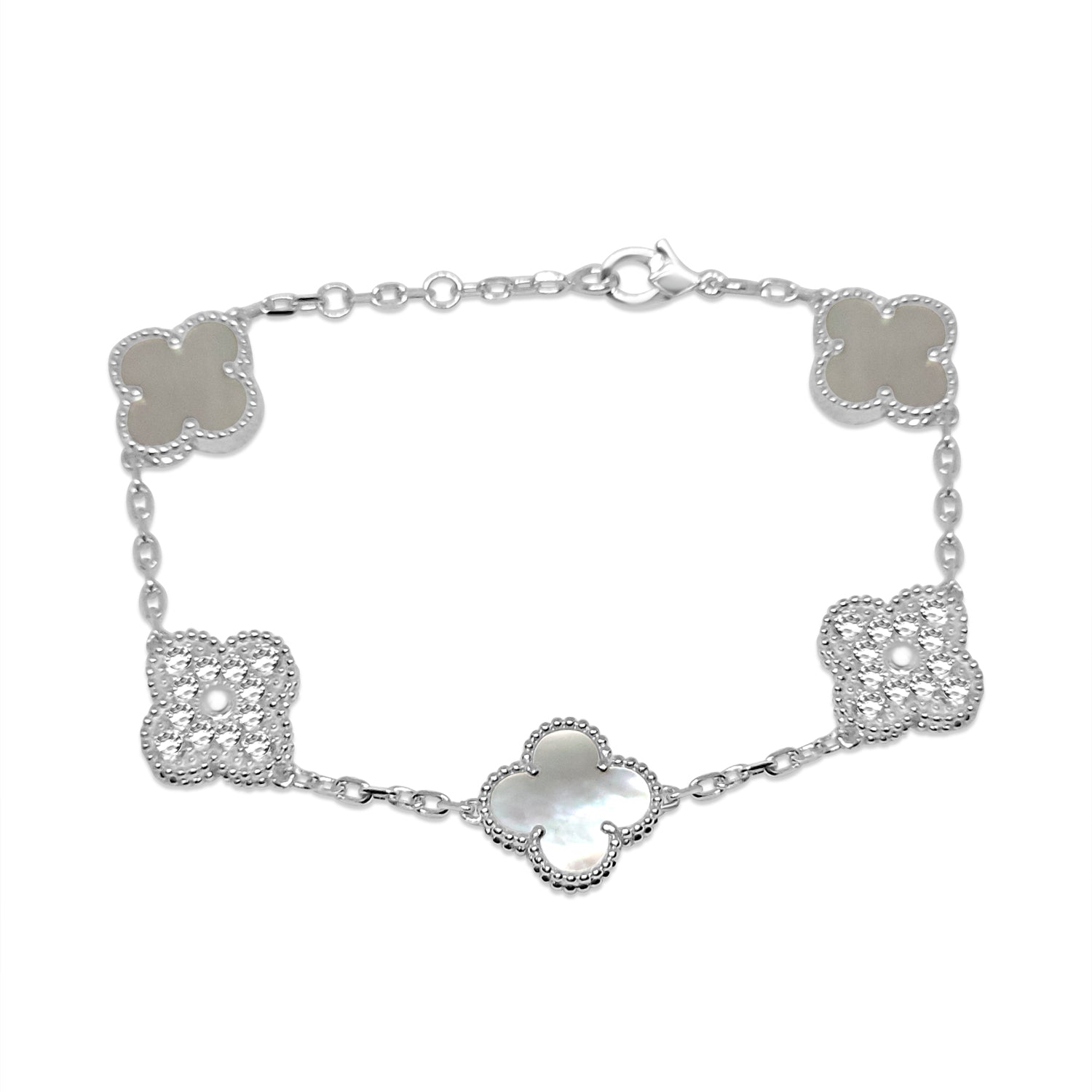 Silver Mother of Pearl and Sparkle Flower Bracelet