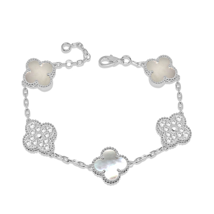 Silver Mother of Pearl and Sparkle Flower Bracelet