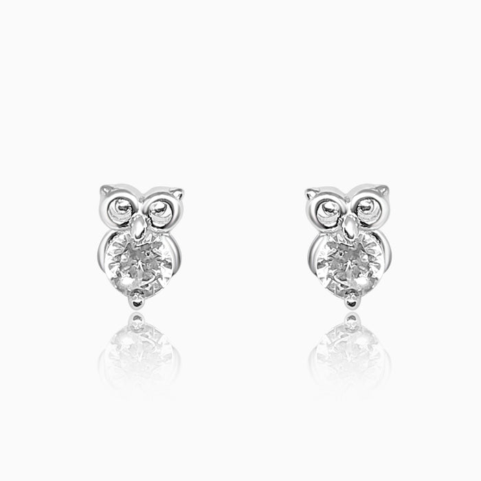 Silver Little Sparkling Owl Stud Earrings