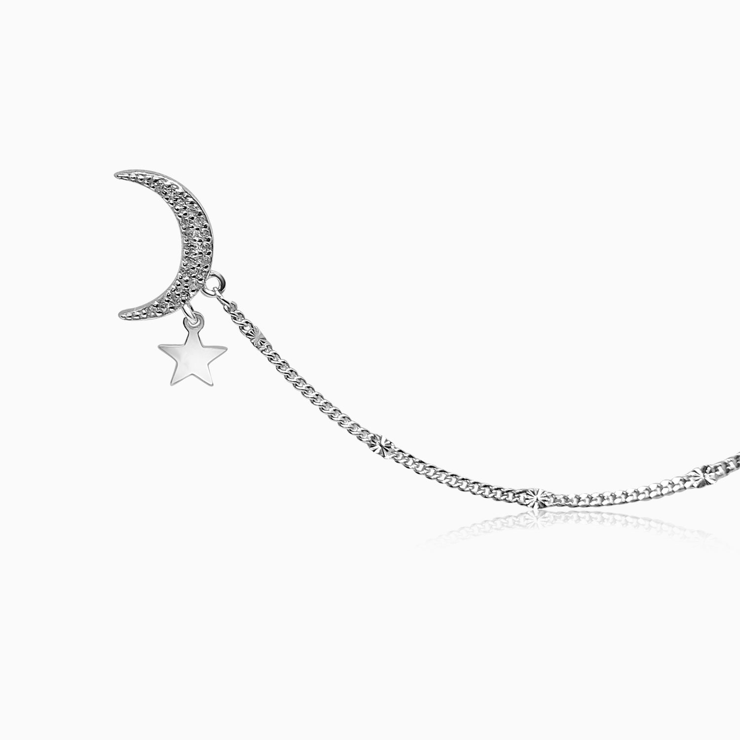 Silver Sparkling Moon Star Earrings with Chain Clip On