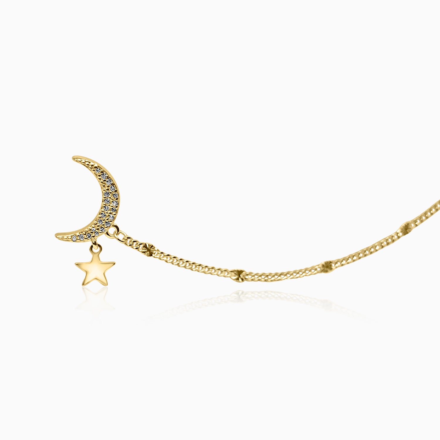 Silver Gold Sparkling Moon Star Earrings with Chain Clip On