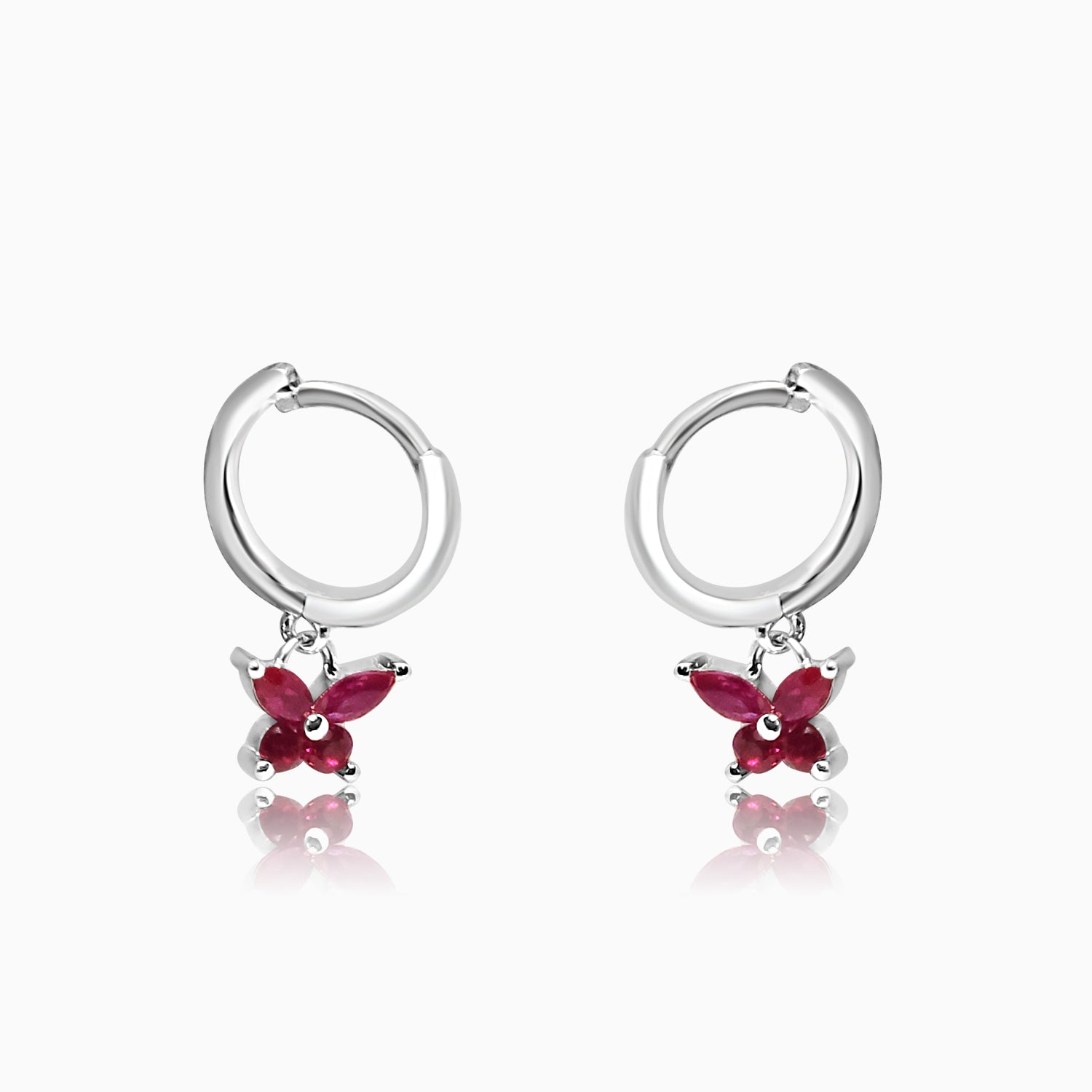 Silver Dangling Ruby Red Butterfly Hoop Earrings