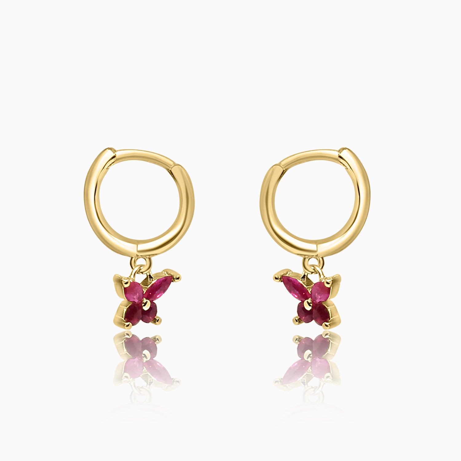 Silver Gold Dangling Ruby Red Butterfly Hoop Earrings
