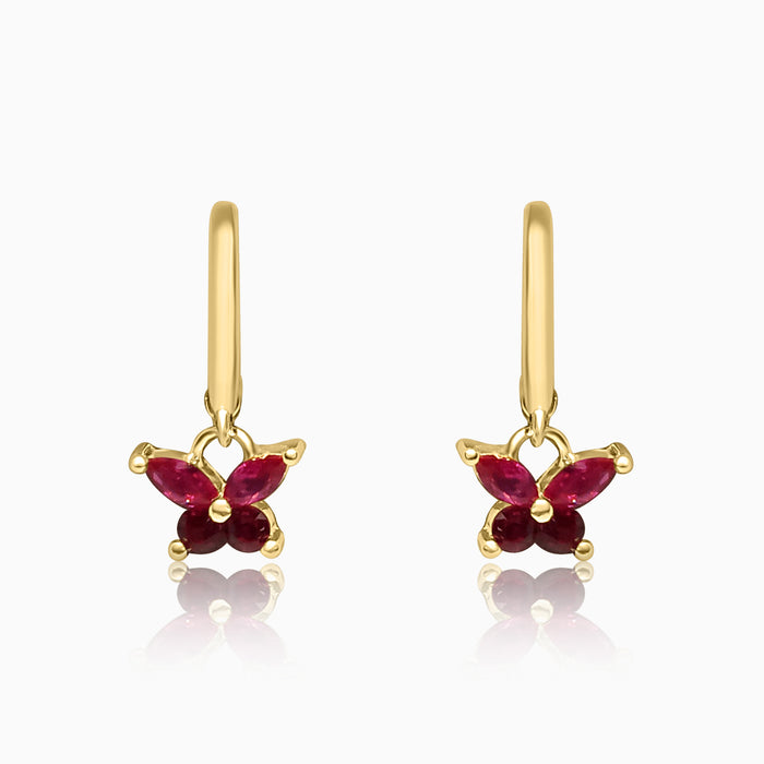 Silver Gold Dangling Ruby Red Butterfly Hoop Earrings