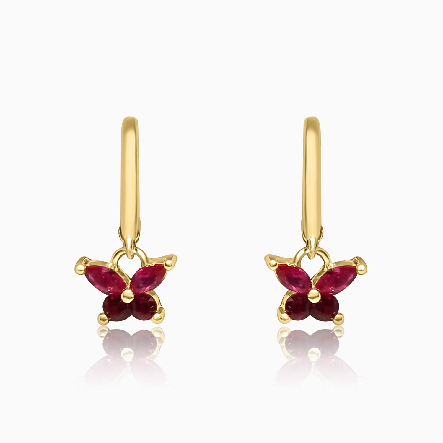 Silver Gold Dangling Ruby Red Butterfly Hoop Earrings