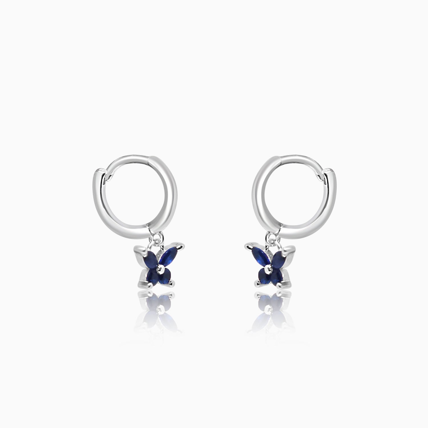 Silver Dangling Sapphire Blue Butterfly Hoop Earrings