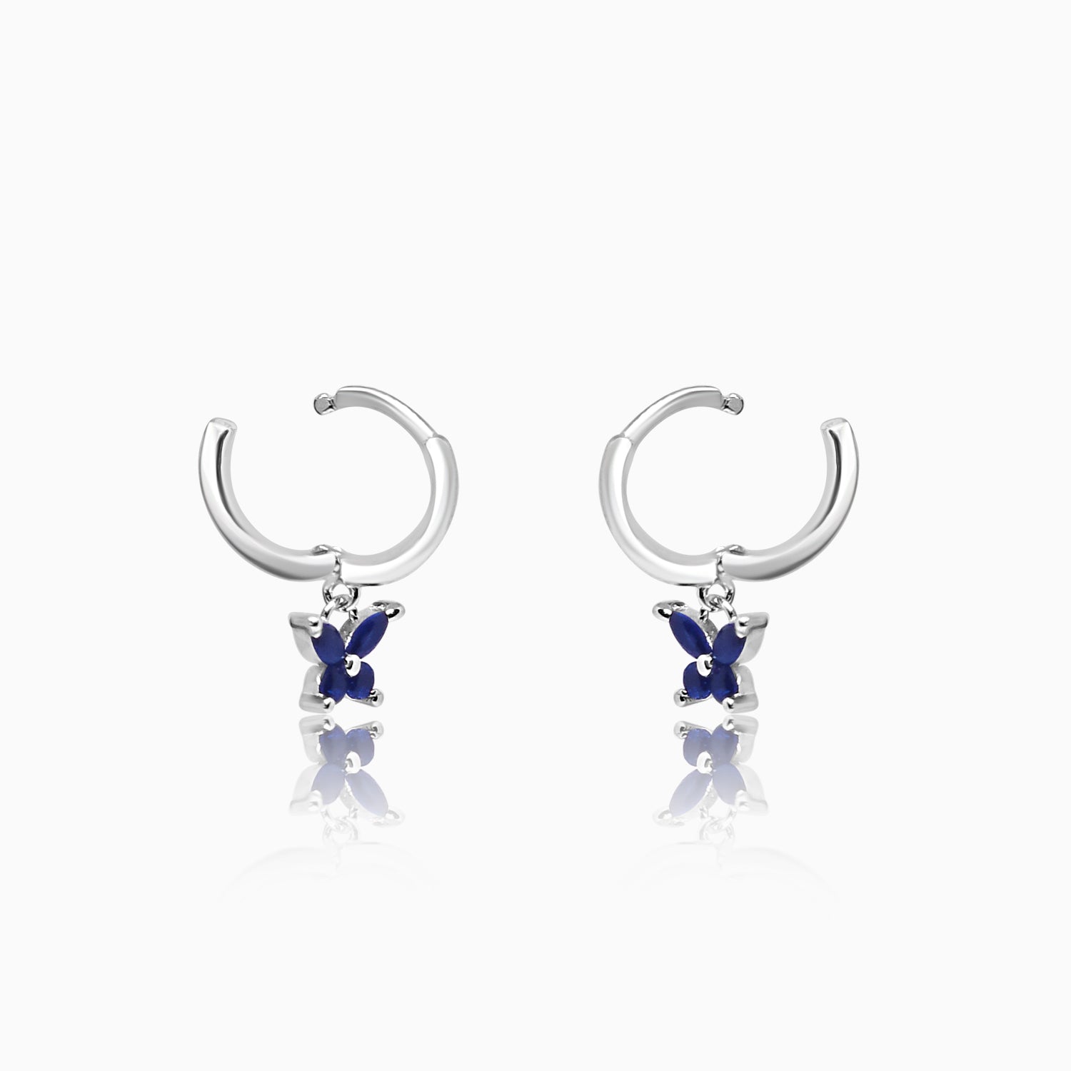 Silver Dangling Sapphire Blue Butterfly Hoop Earrings