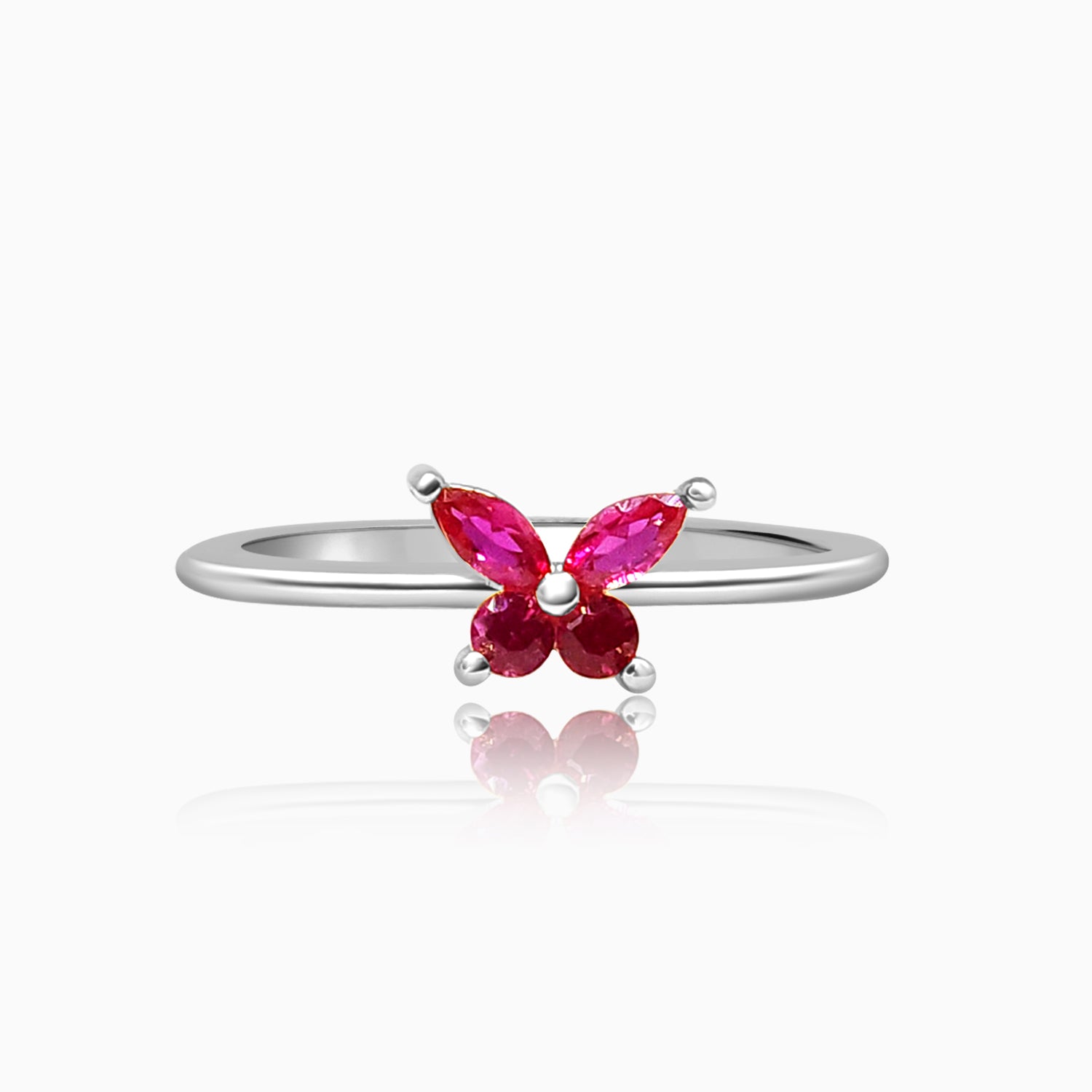 Silver Ruby Red Butterfly Ring