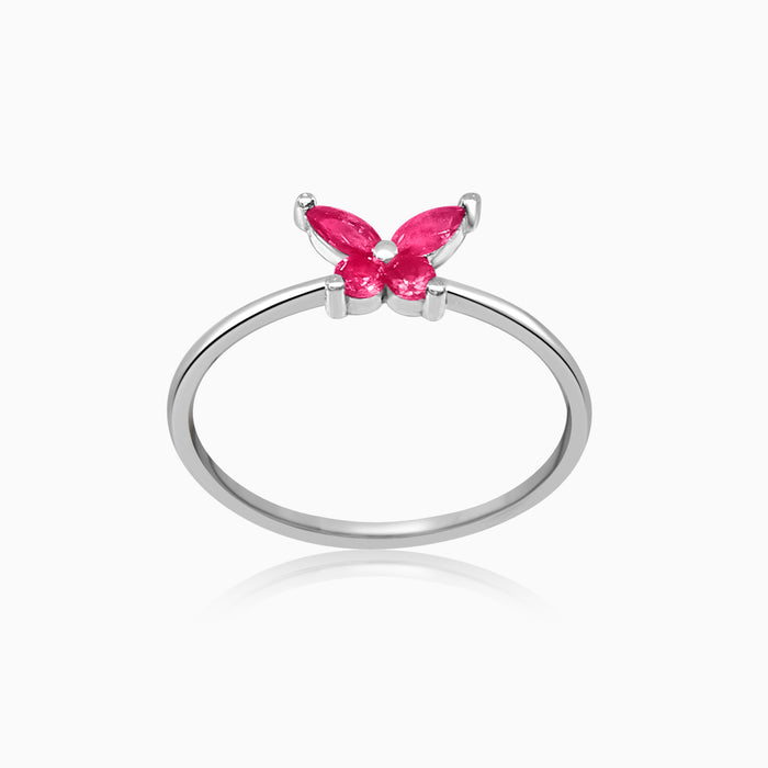 Silver Ruby Red Butterfly Ring