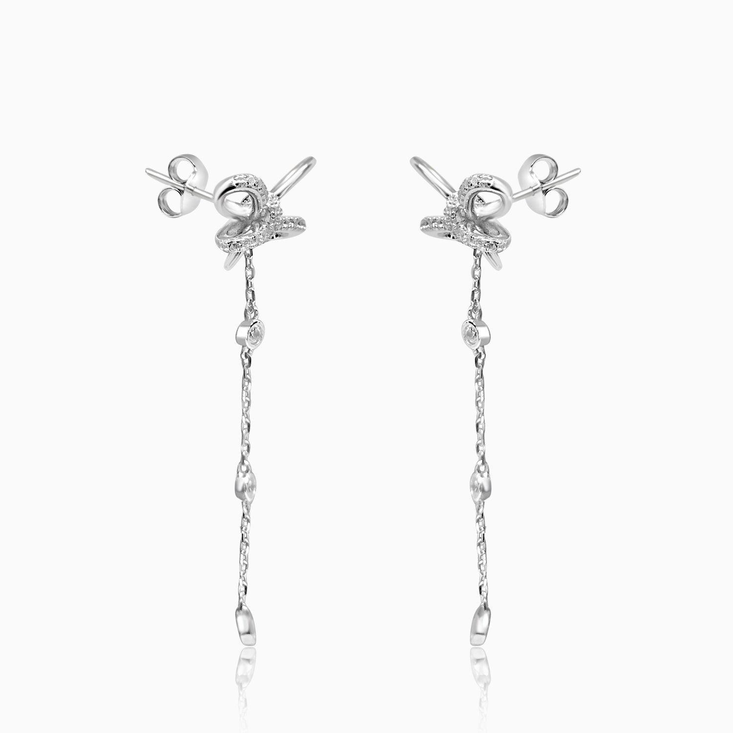 Silver Sparkling Bow Linked Dangling Chain Earrings