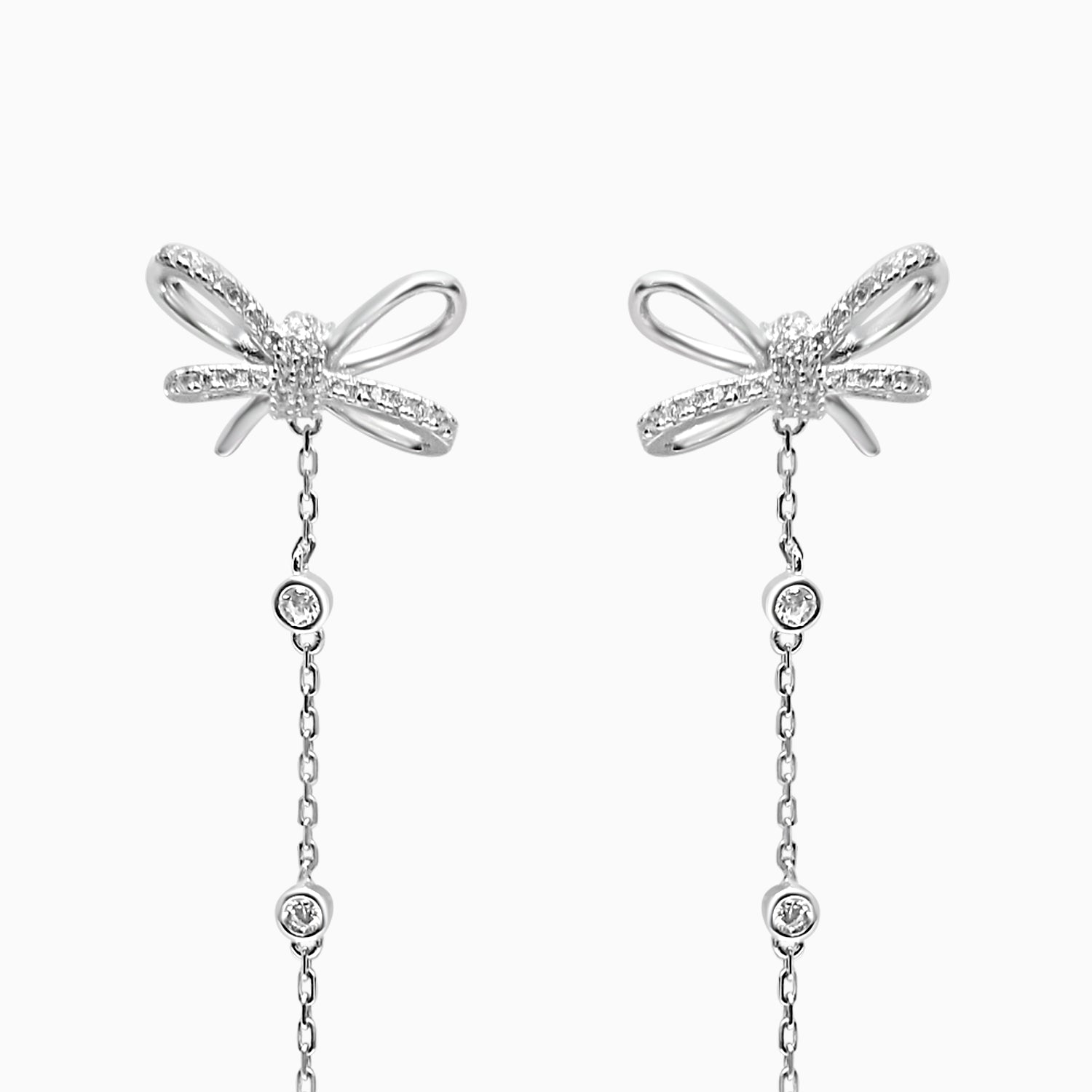 Silver Sparkling Bow Linked Dangling Chain Earrings