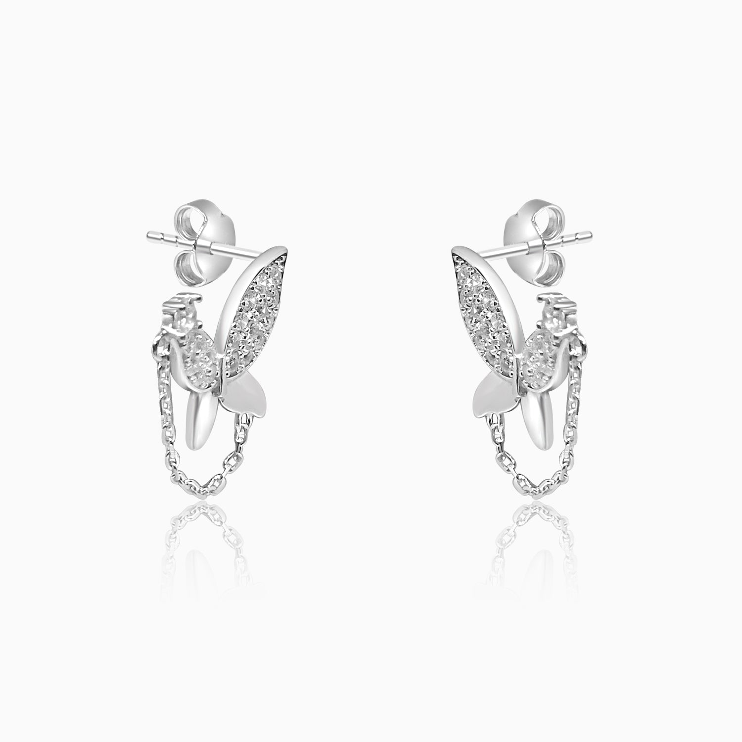 Silver Half Sparkle Butterfly with Chain Dangler Earrings