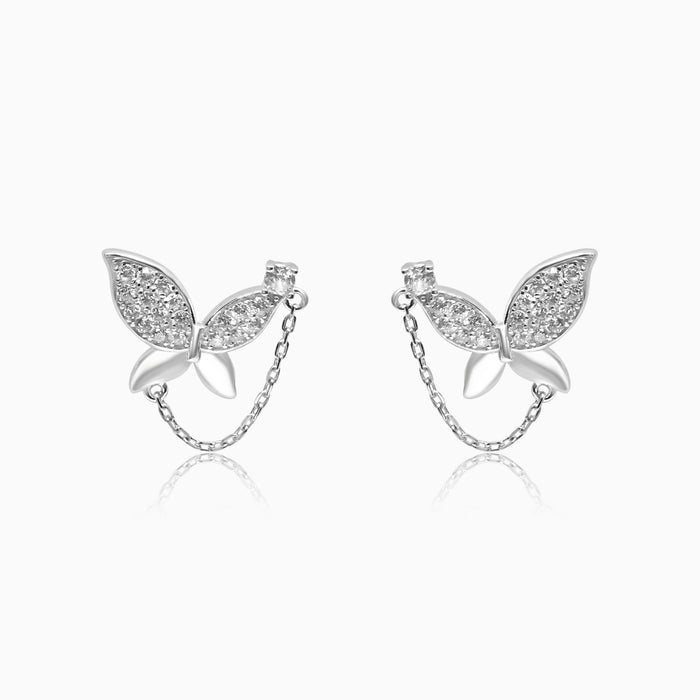 Silver Half Sparkle Butterfly with Chain Dangler Earrings