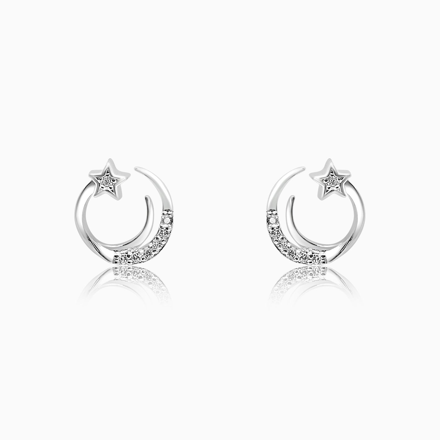 Silver Sparkling Engulfed Moon Star Earrings