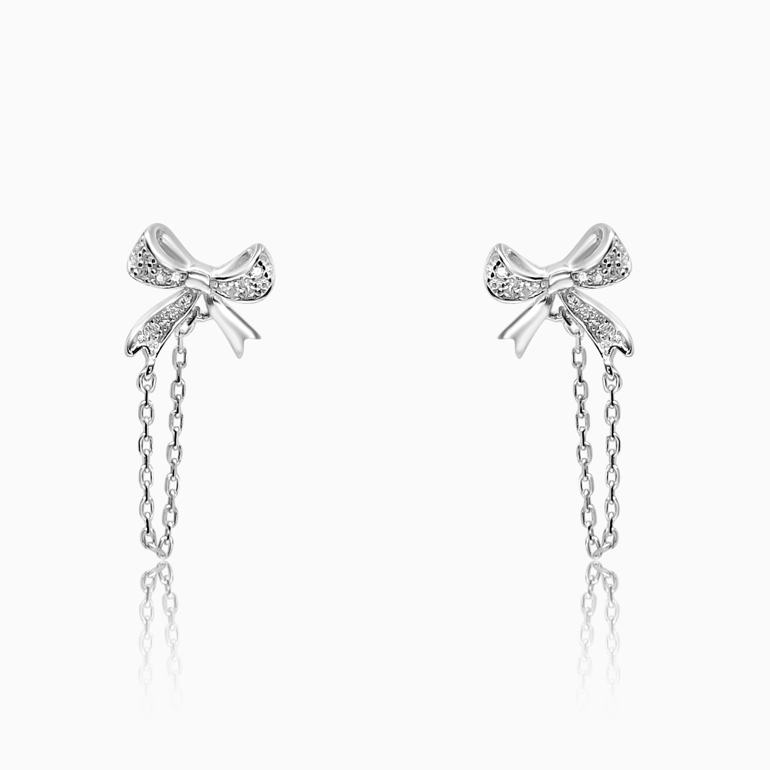 Silver Sparkling Little Bow Linked Dangler Chain Earrings