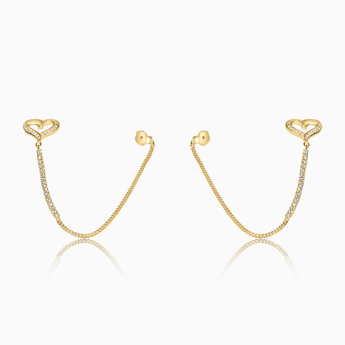 Silver Gold Sparkling Heart with Dangling Chain Earrings
