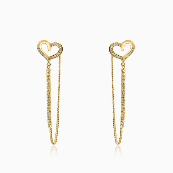 Silver Gold Sparkling Heart with Dangling Chain Earrings