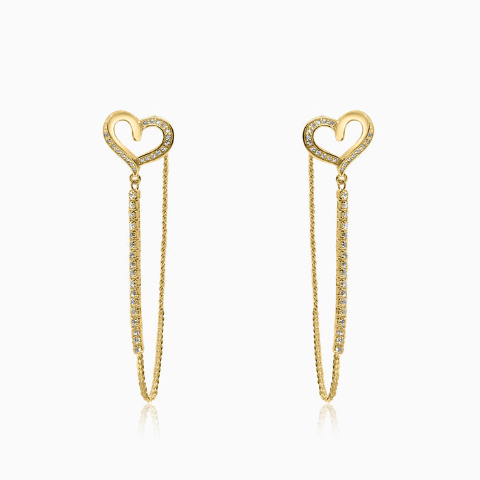 Silver Gold Sparkling Heart with Dangling Chain Earrings