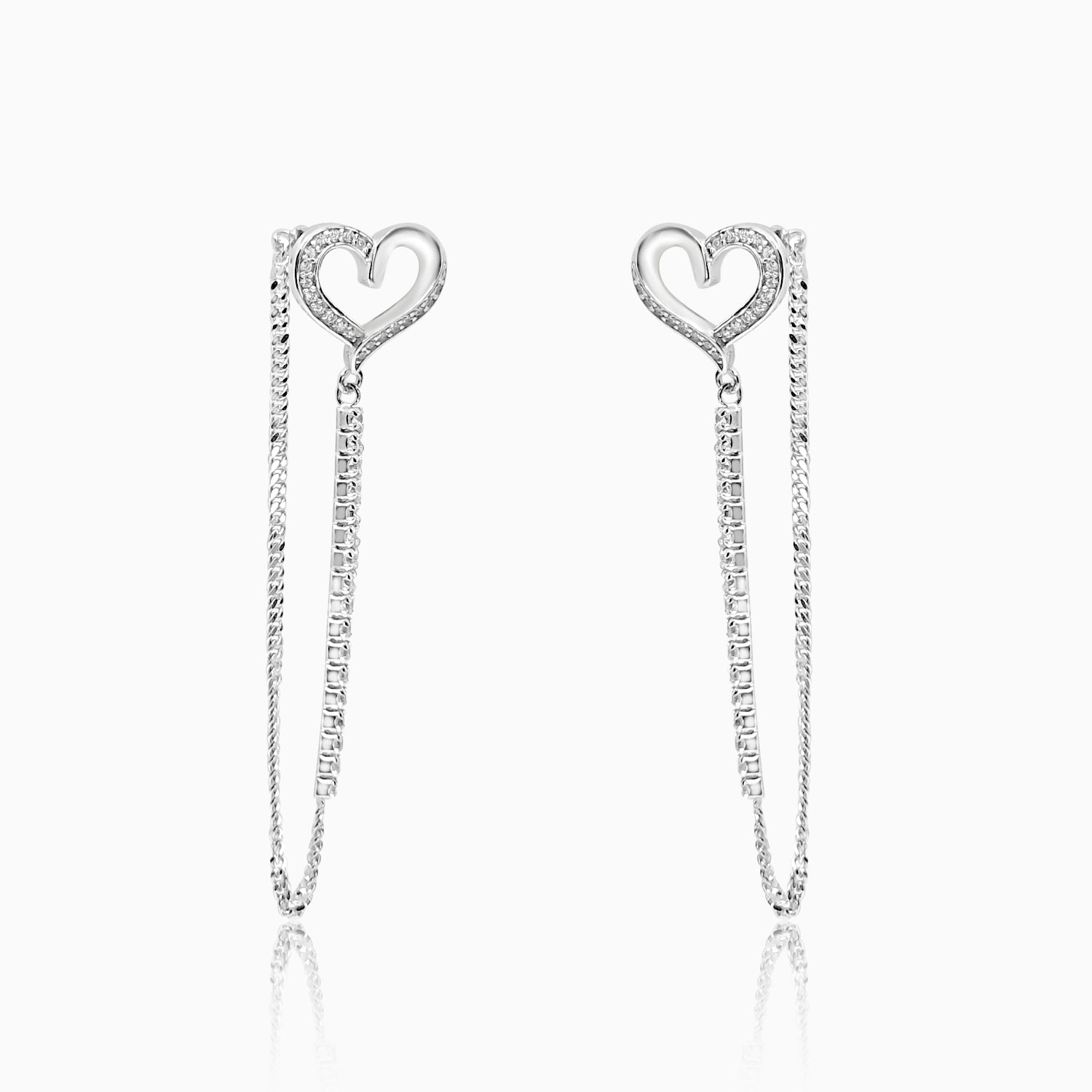 Silver Sparkling Heart with Dangling Chain Earrings
