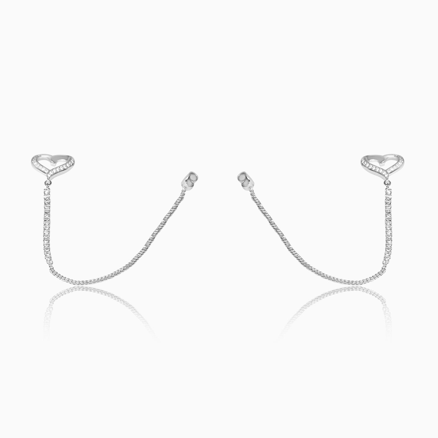 Silver Sparkling Heart with Dangling Chain Earrings