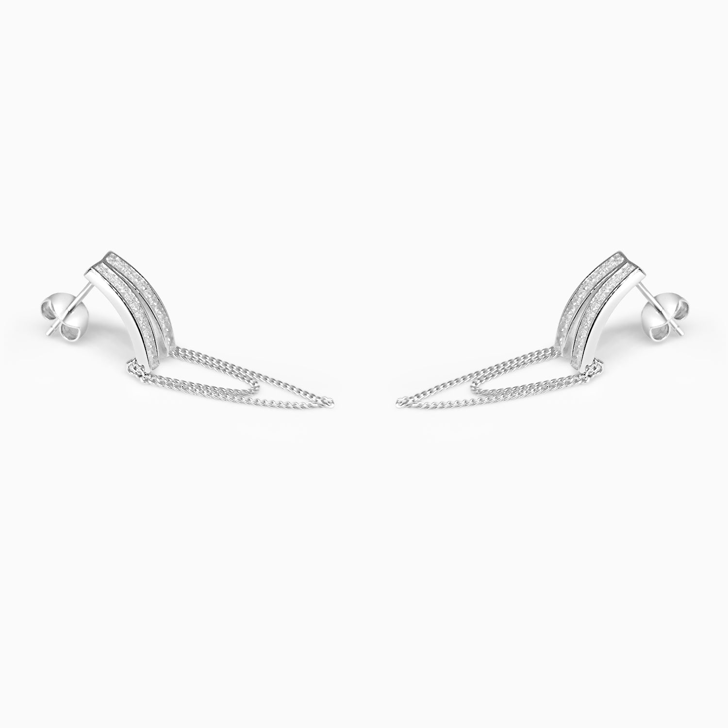 Silver Sparkling V with Chain Dangler Earrings