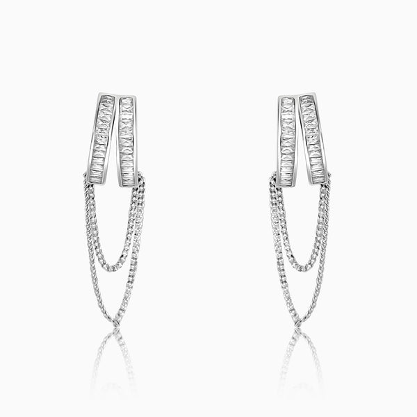 Silver Sparkling V with Chain Dangler Earrings