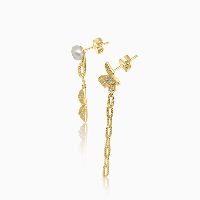 Silver Gold Pearl Linked Chain and Butterfly Earrings
