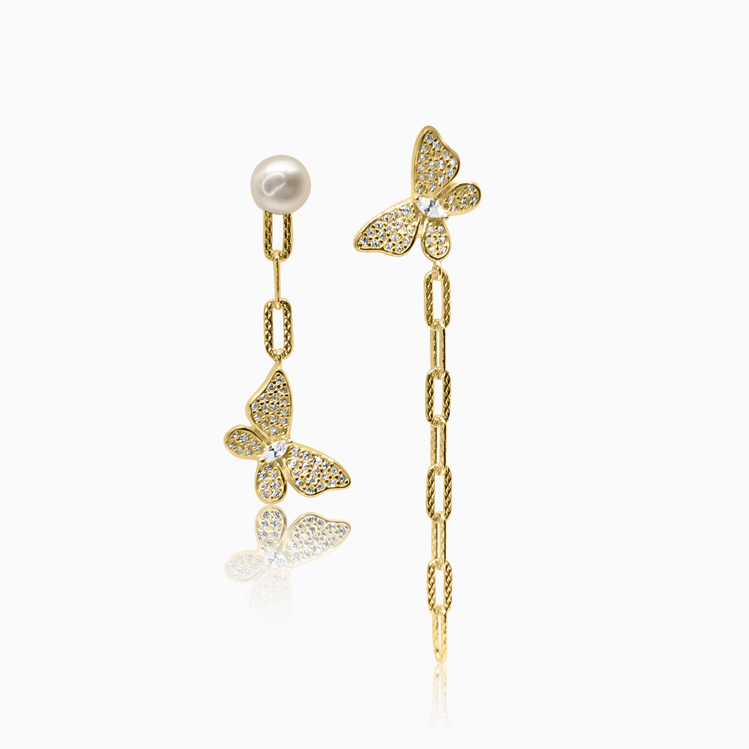 Silver Gold Pearl Linked Chain and Butterfly Earrings